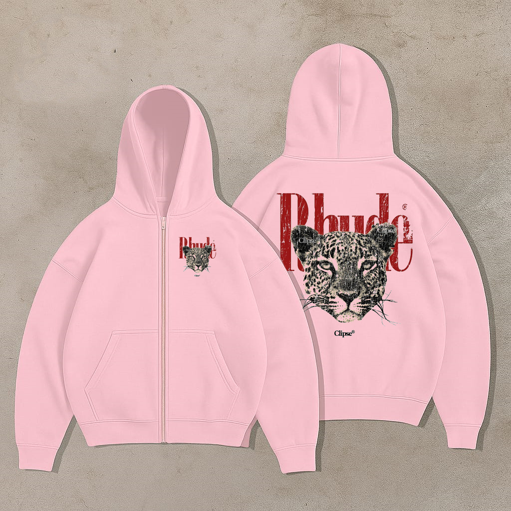 ขนาดใหญ่ Boxy Pink Leopard Rhude Graphic Unisex Premium Zipper Hoodie