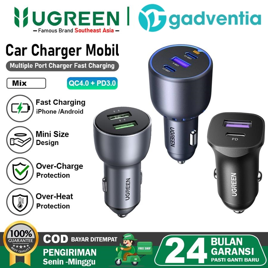 UGREEN Car Charger Dual Port USB A & Type C สําหรับ iPhone Android Fast Charging 30w 36w 63w 75w