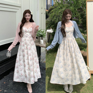 First Girl - Setelan Dua Potong Gaun Suspender Manis Rok Panjang Motif Bunga Ukuran Besar, Cardigan + Dress Wanita Musim Panas Temperamen Pinggang Ramping - G067