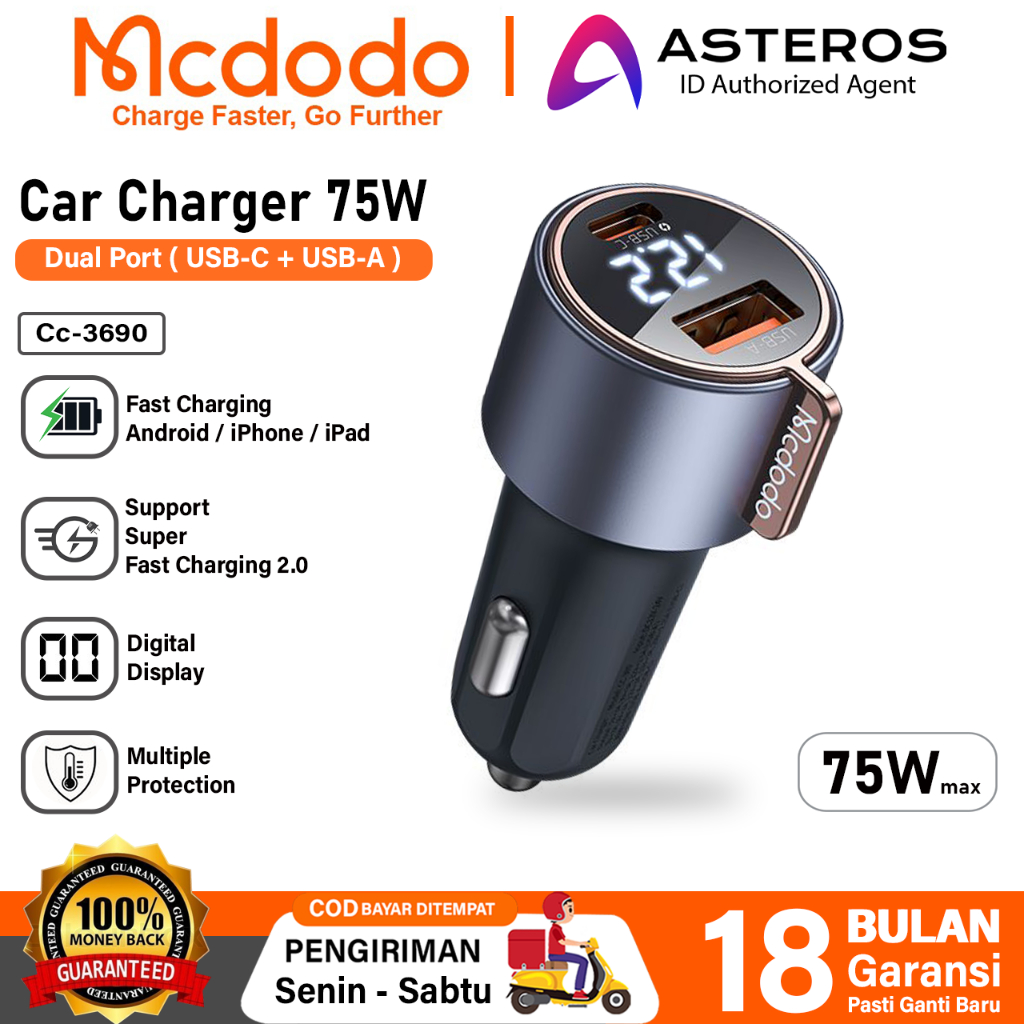 MCDODO Car Charger Fast Charging USB + Type C Quick Charger 75w