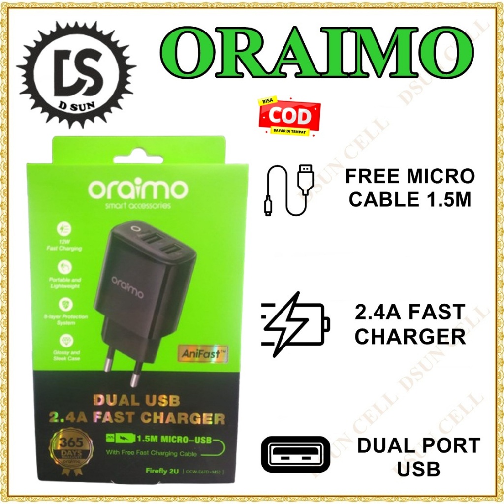 Oraimo FireFly 2U OCW-E67D M53 C53 2.4A Fast Charger Dual Port 1.5M ฟรีสาย Ani Fast