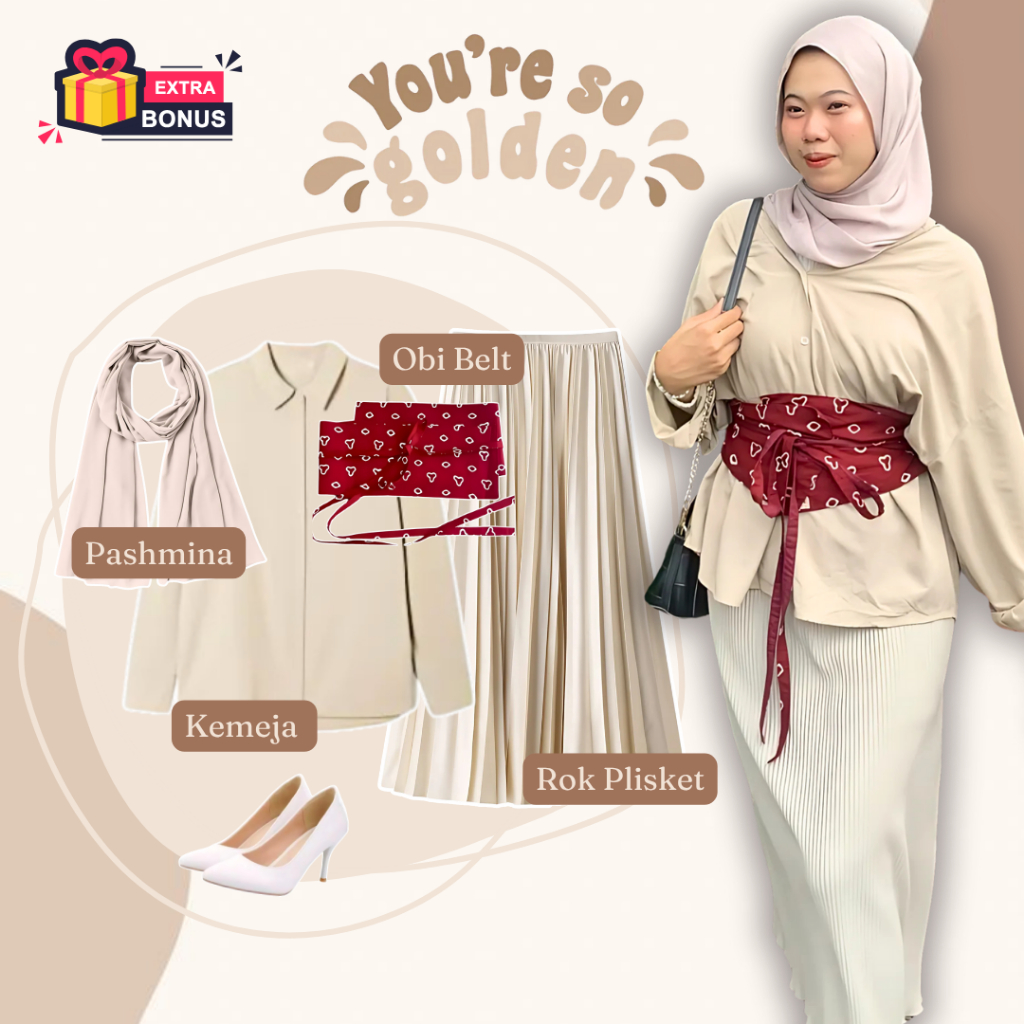 KEMEJA MERAH One set 4in1 เสื้อพื้นฐานธรรมดาครีมครีมสีน้ําตาลอ่อนกระโปรงจีบครีมสีน้ําตาลอ่อนโอบิเข็ม