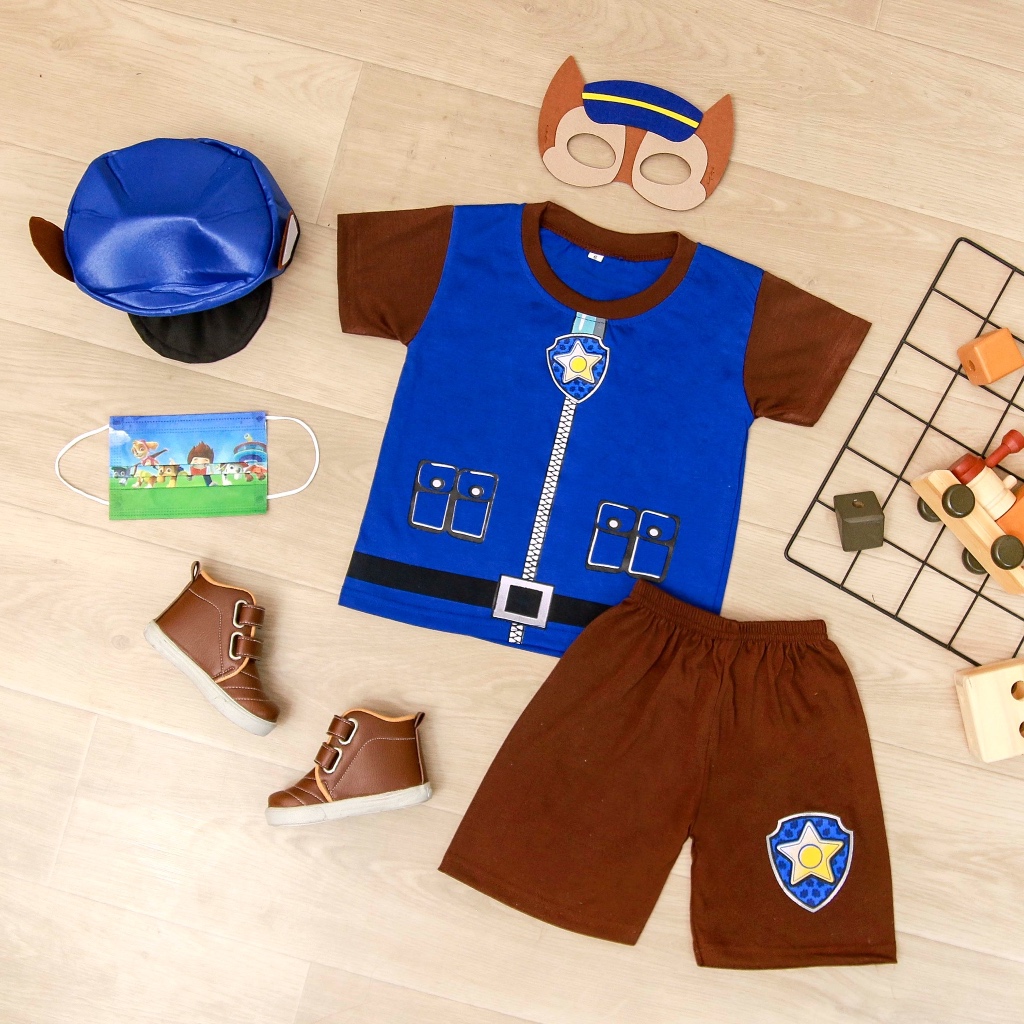 Chase เสื้อเชิ้ตแขนสั้น Paw Patrol Suit หมวกผ้าสักหลาดและหน้ากาก