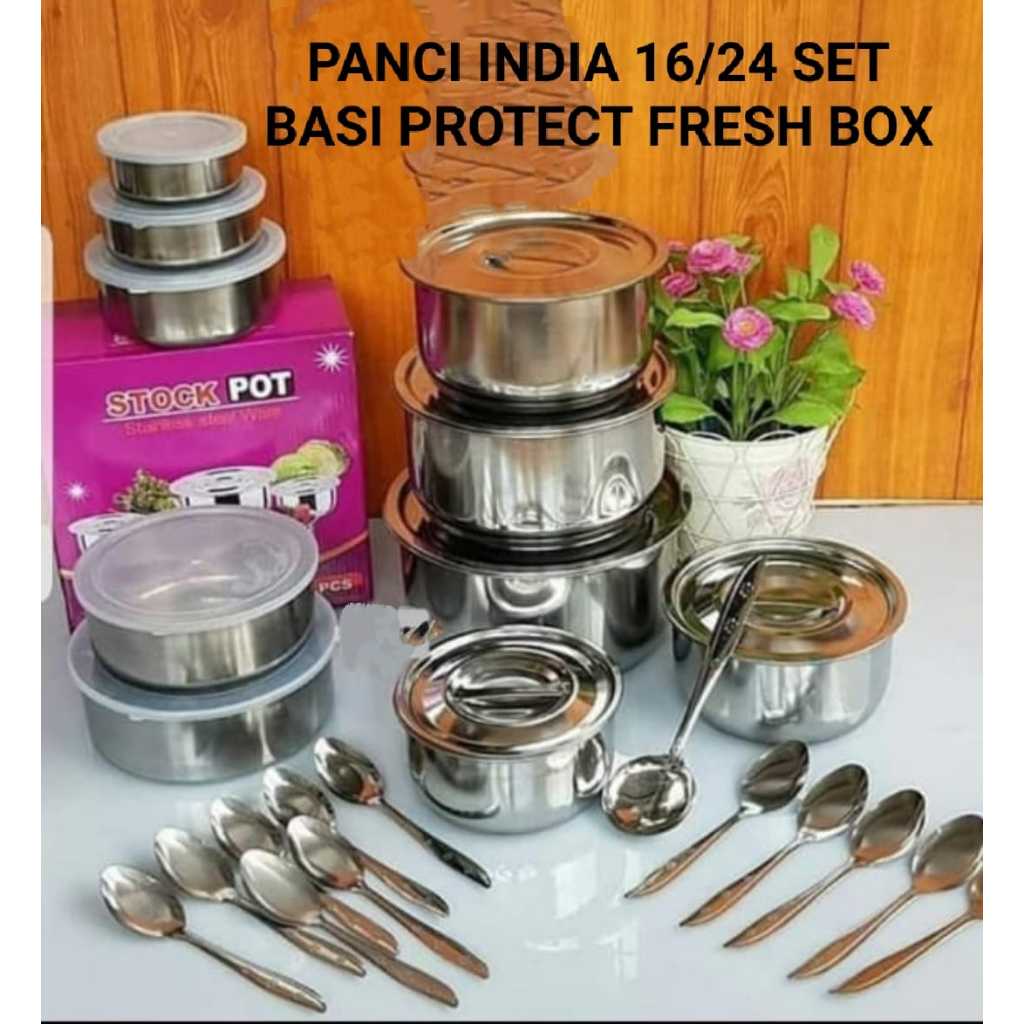 MY HOME INDIAN PAN 16,18,20,22,24 SET BASIL PROTECT FRESH BOX + 1 DOZEN TABLES + SOUP SPOON