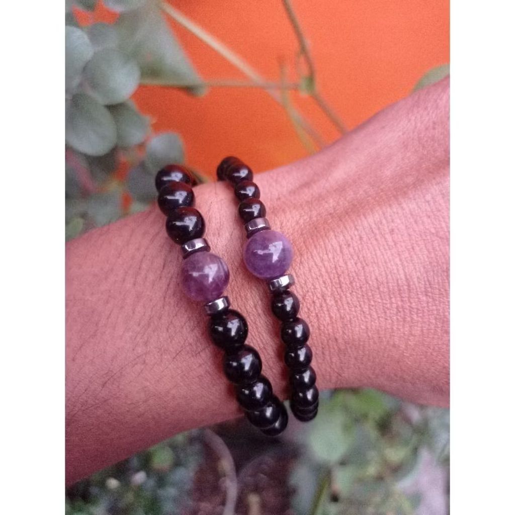 Ugg กําไลหินนิลดําและอเมทิสต์สีม่วงธรรมชาติ