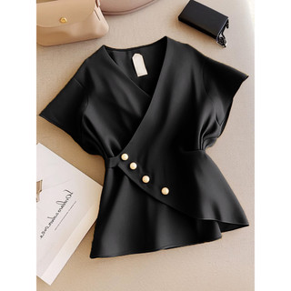 FWG Atasan Wanita Korean Style Baju Blouse kasual Wanita Blouse Atasan Lengan Pendek Polos Gaiha Top