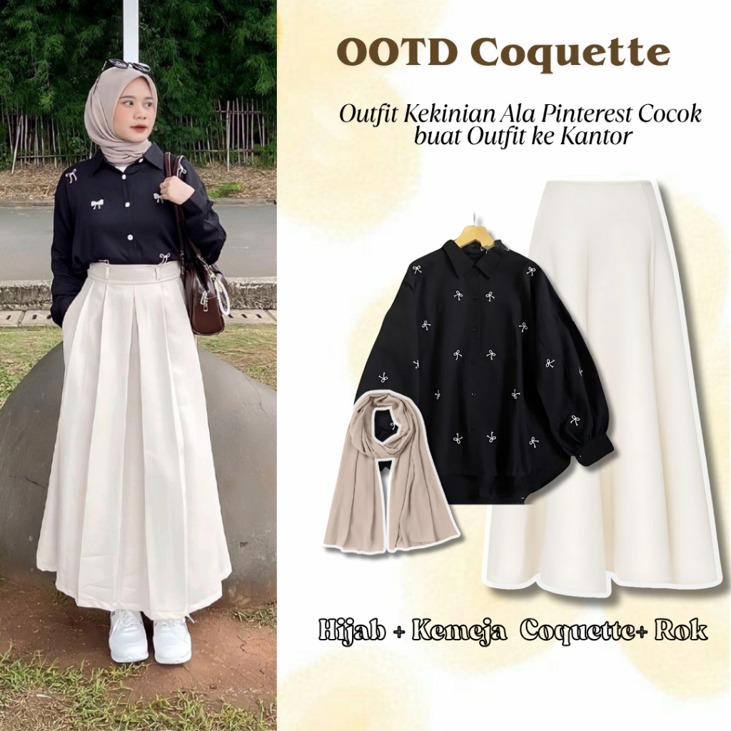 KEMEJA Hijab Casual Pinterest Outfit Set กระโปรงสไตล์เกาหลี (Hijab + เสื้อ Coquette + กระโปรง) L019