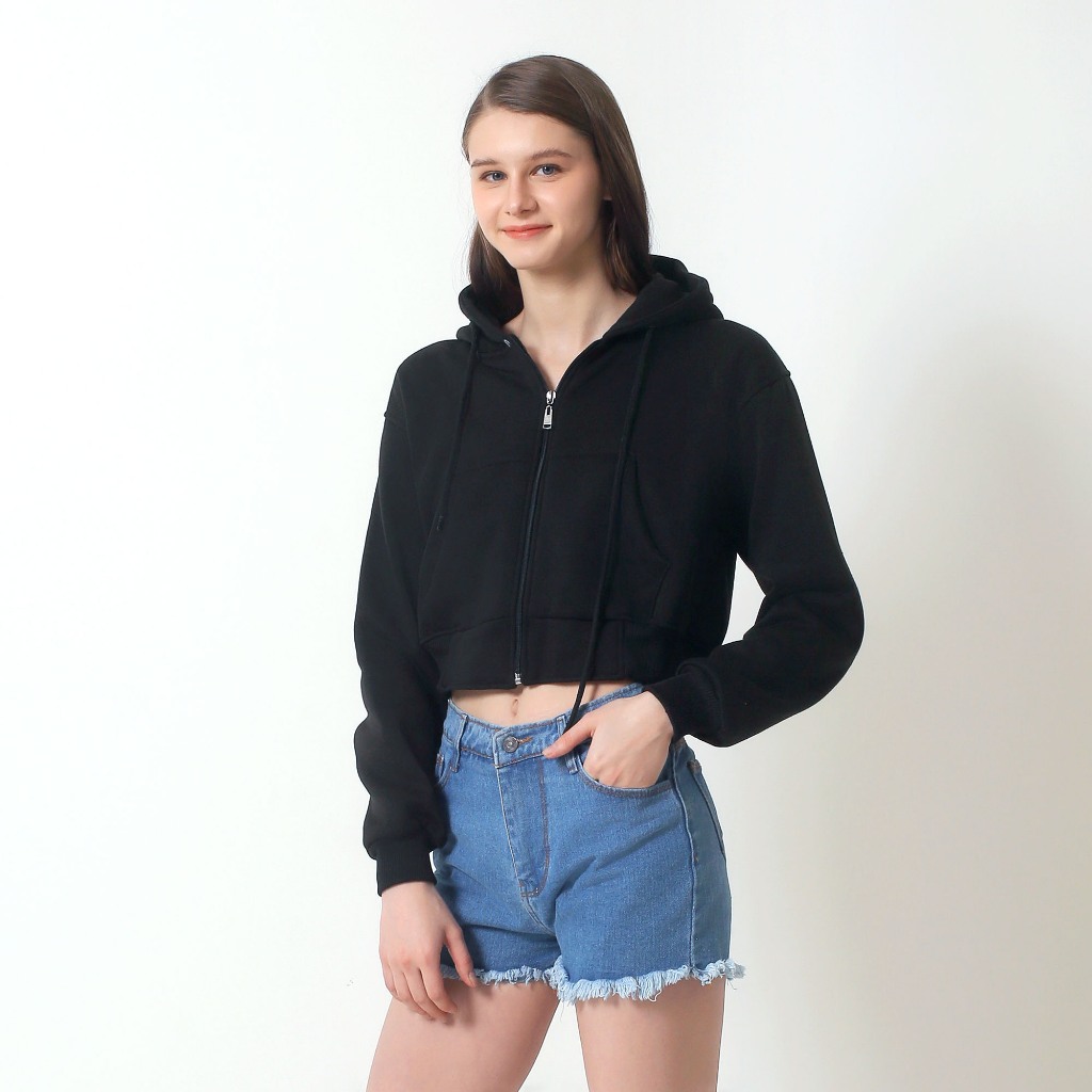 OBLO HOODIE CROP ZIPPER PLAIN ZIPPER WOMENS HOODIE CROP OVERSIZE SIZE S - XL