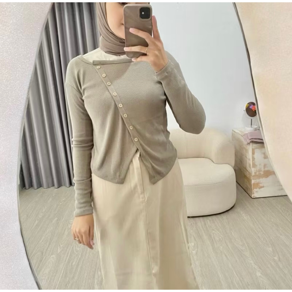 Aia.Store12 | เสื้อเบลาส์ถักซี่โครงพื้นฐาน | ขาย เสื้อซี่โครงถักกระดุมข้าง | เสื้อโปโลเกาหลีกระดุมข้