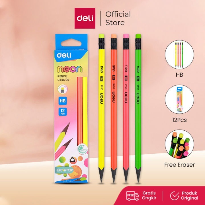 Deli NEON Pencils HB Pencils 1 กล่อง มีดินสอสามเหลี่ยม 12 แท่ง