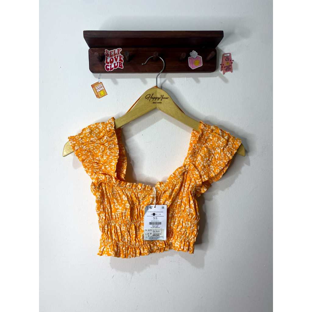 BERSHKA ORANGE RUCHED FLORAL TOP