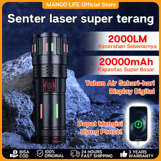 Senter LED  Zoom Teleskopik 3000LM Power Bank Portabel 30000mAh Laser Putih Super Terang 5 Mode Cahaya  Tahan Air LCD Display Charger Type-C untuk Camping Hiking Emergency