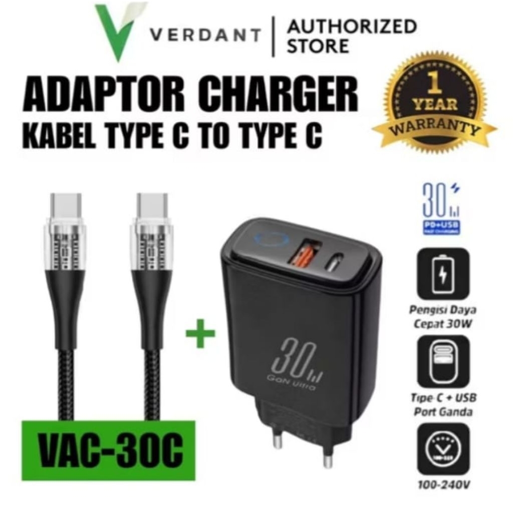 VERDANT VAC-30C CHARGER ADAPTER 30W TYPE C TO TYPE C (66W) SUPER FAST CHARGING CHARGER CABLE