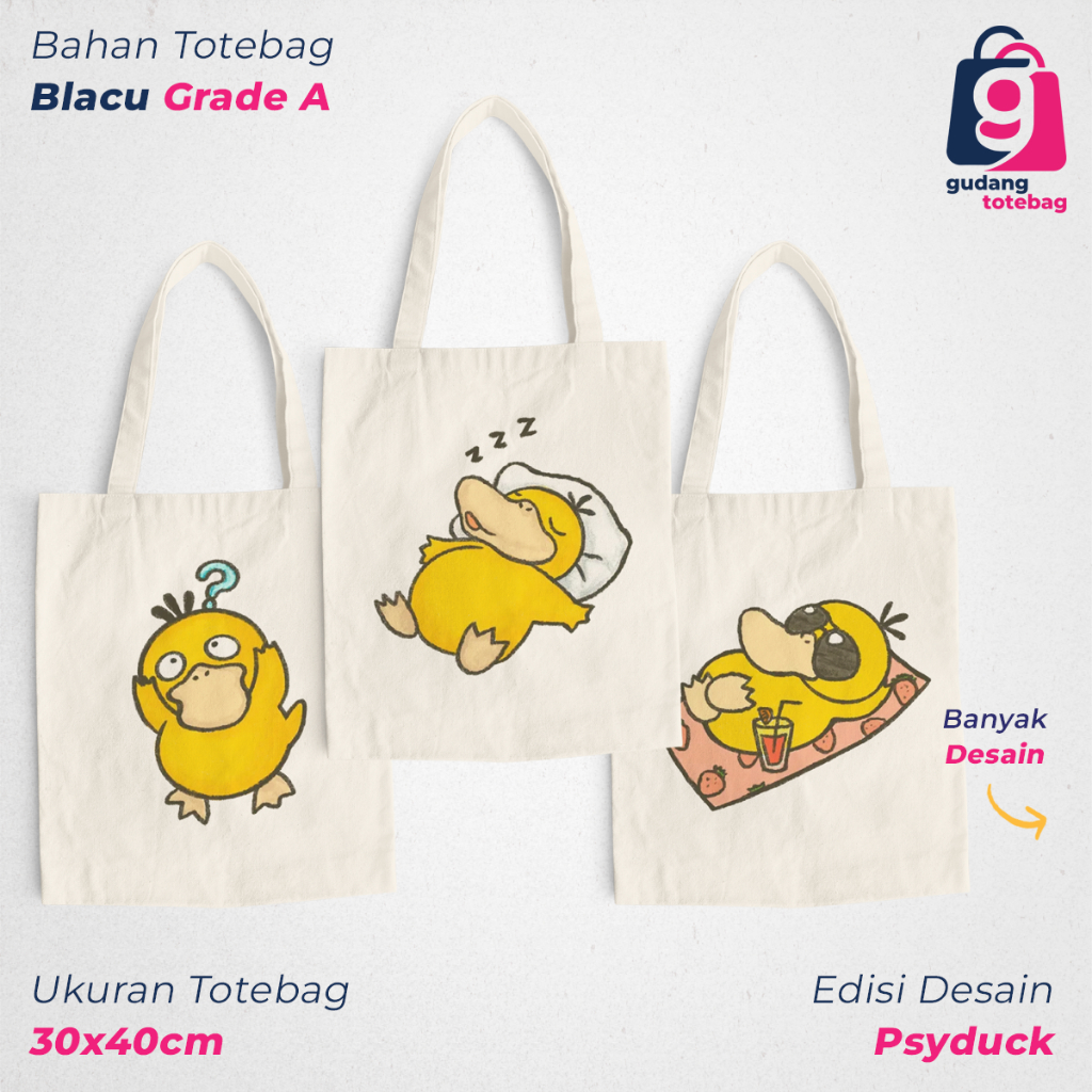 กระเป๋าโท้ตแบบกําหนดเอง Psyduck การ์ตูนสุนทรียศาสตร์น่ารักสําหรับวิทยาลัยและสตรี