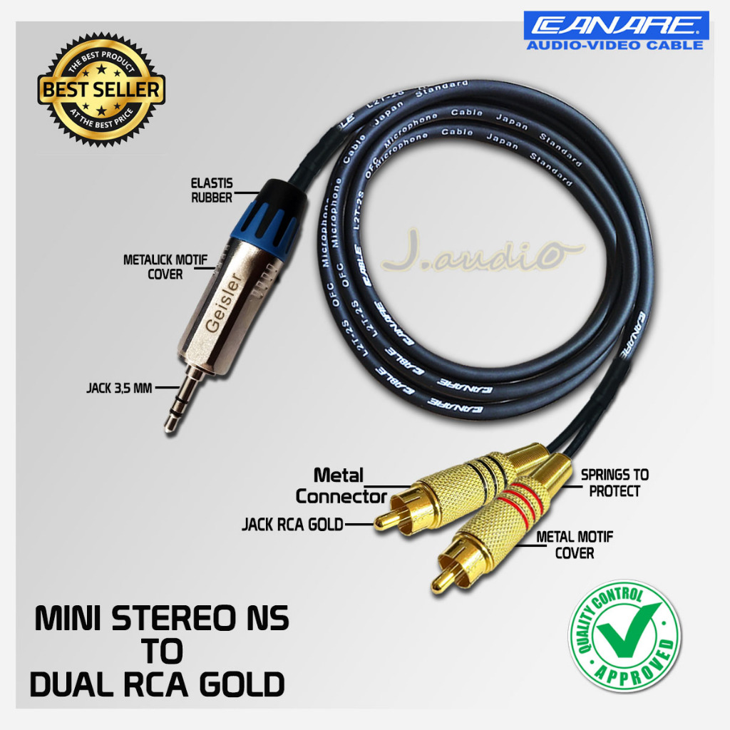 JAPAN STANDARD - สายสัญญาณเสียง HP 1x Mini AUX Stereo 3.5 NS ถึง 2x RCA Gold - JUAN AUDIO
