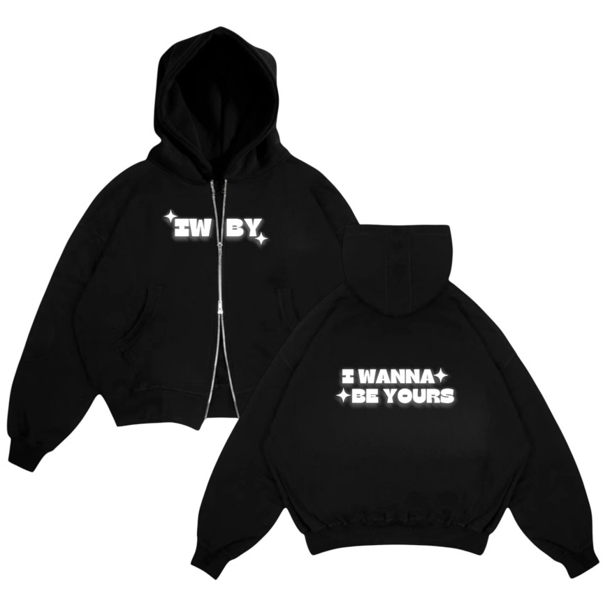 Wanna Be Yours สีดําสะท้อนแสงซิปคู่ Oversize Boxy Hoodie