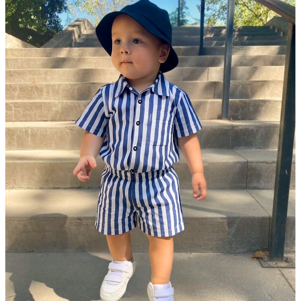 KEMEJA DearRussell Kayden Set Kid Striped Childrens Suit Shirt Pants Short Premium