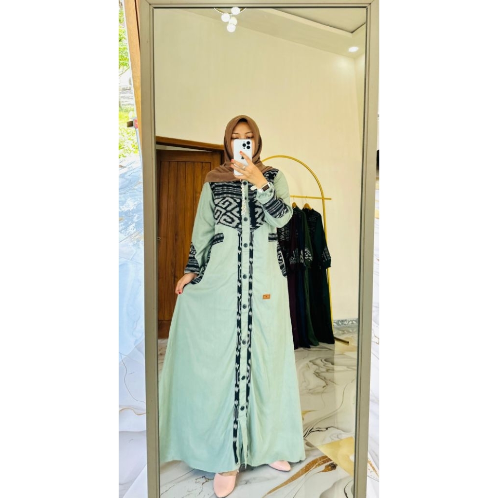 DAILY AJYAD SAGE GREEN WOVEN DRESS BY FAREECHA_GAMI