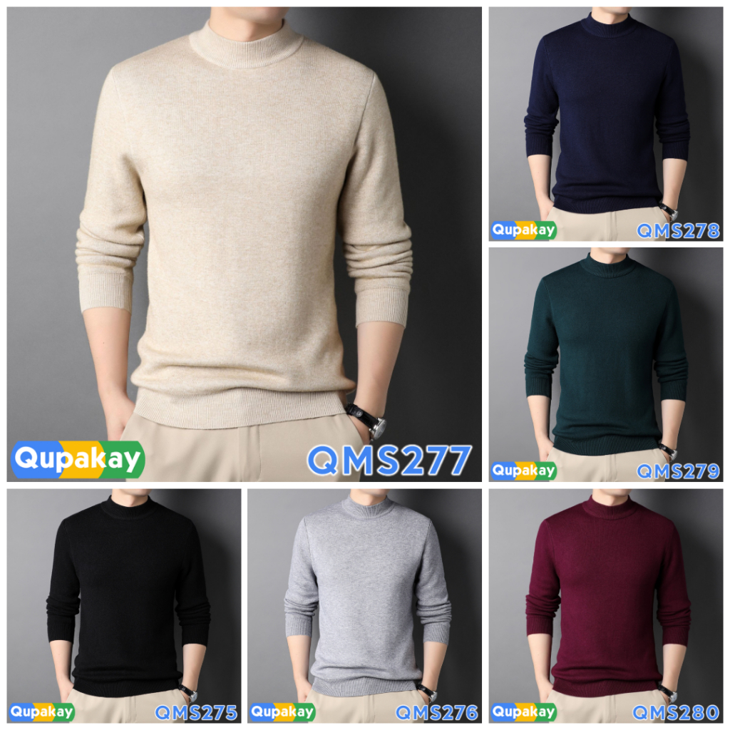 QUAKAY เสื้อกันหนาวคอจําลอง Mockneck Cotton Fine Knit | เสื้อเชิ้ตผู้ชายนุ่ม เย็นสบาย QMS275 - QMS28
