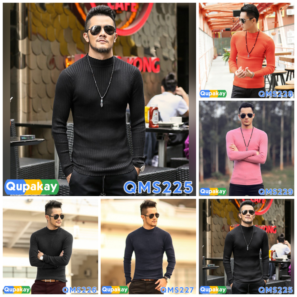 QUAKAY เสื้อกันหนาวคอจําลอง Mockneck Cotton Fine Knit | เสื้อเชิ้ตผู้ชายนุ่ม เย็นสบาย QMS225 - QMS22