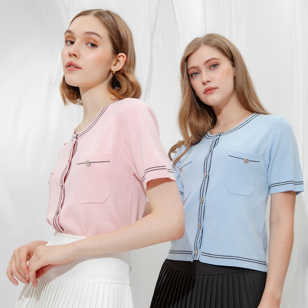 Chocochips - Narita Top / เสื้อถักแขนสั้นผู้หญิงลายทางสีตัดกันและกระเป๋าด้านหน้า