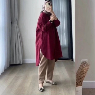 TUNIK KATUN LINEN / Kemeja Long Tunik Wanita / Kemeja Oversize Lengan Panjang