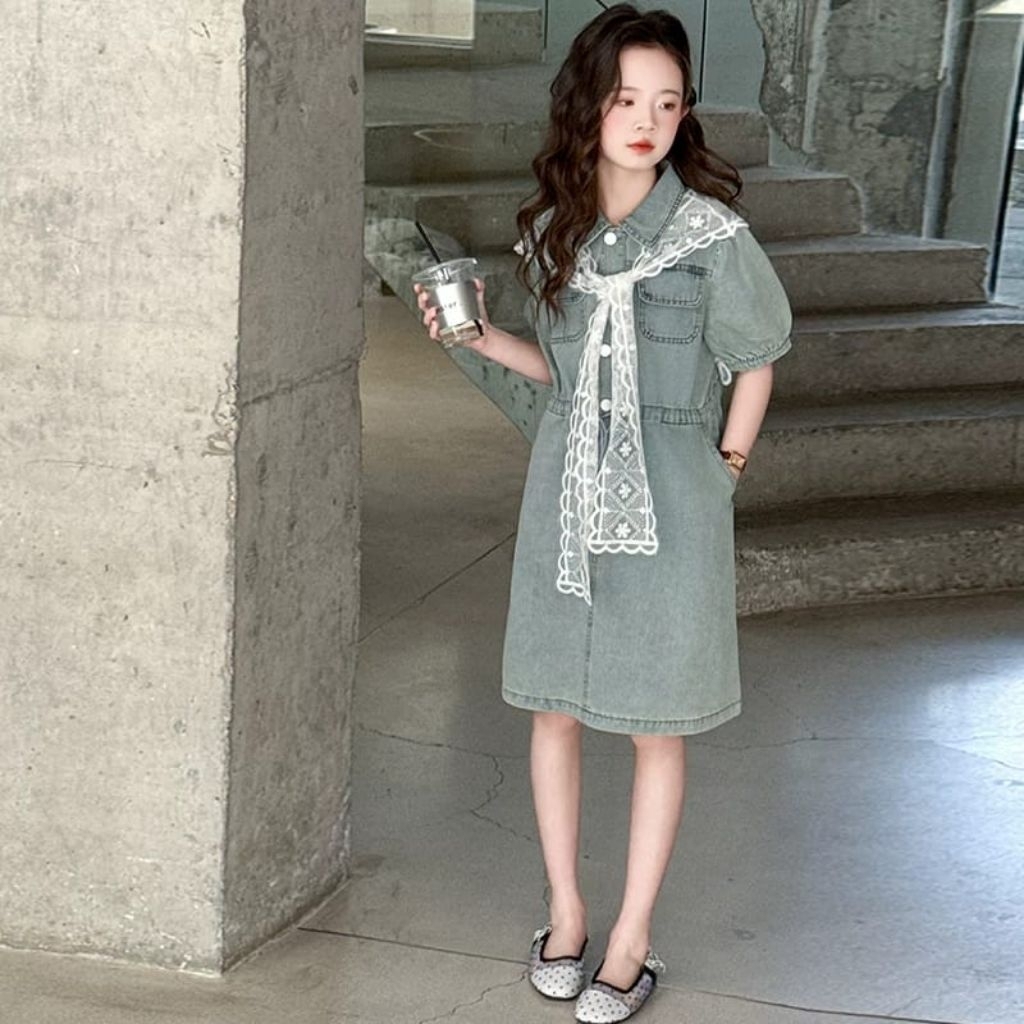 ER-261 นําเข้า 2IN1 GIRLS JEANS DRESS AGE 7-8 YEARS ชุด LACE SCARF COOL สไตล์เกาหลีชุด COOL DRESS WI