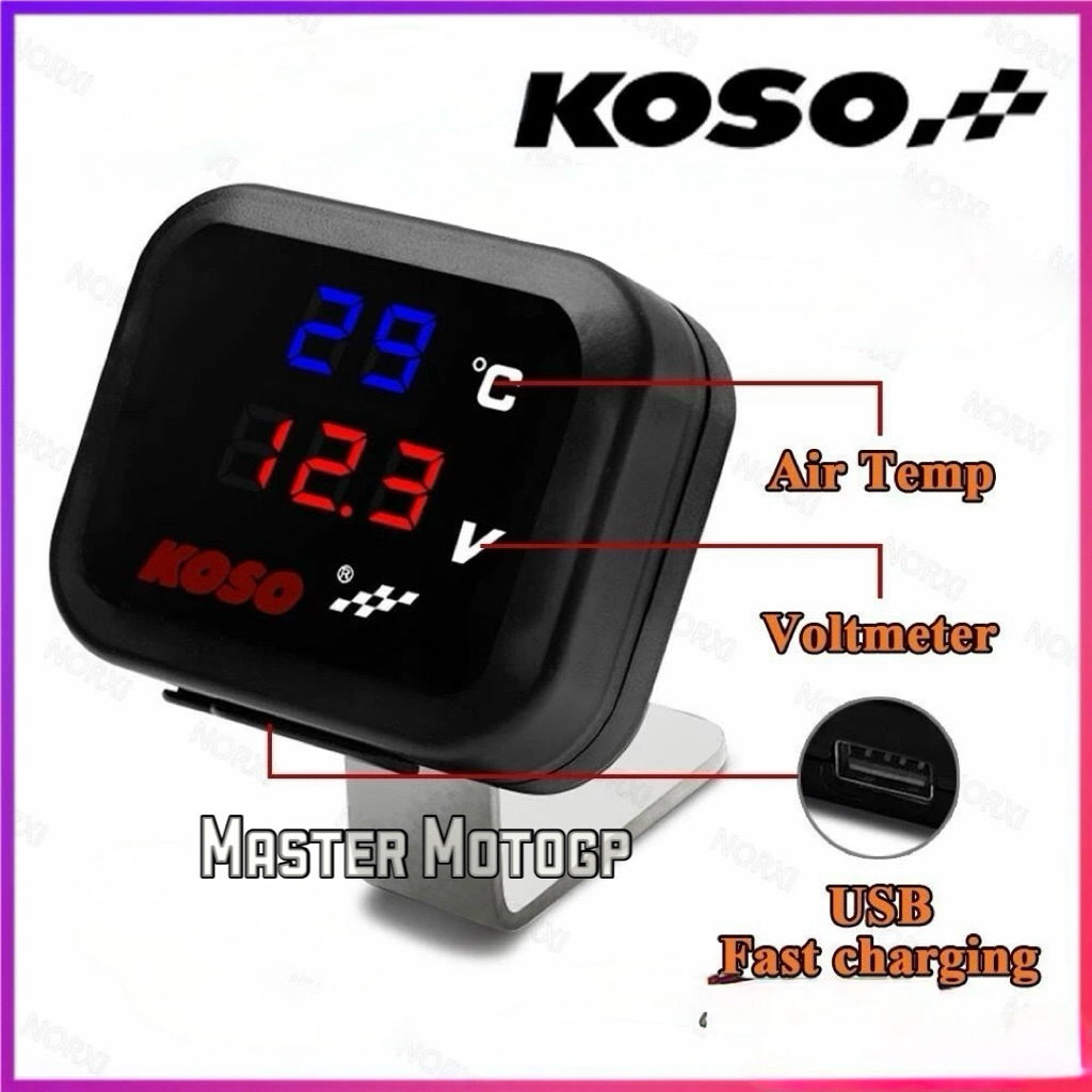Original Koso Volt meter โวลต์มิเตอร์-อุณหภูมิ-USB 3in1 เหล็กวงเล็บกันน้ํา 12Volt motorcycle Voltmet