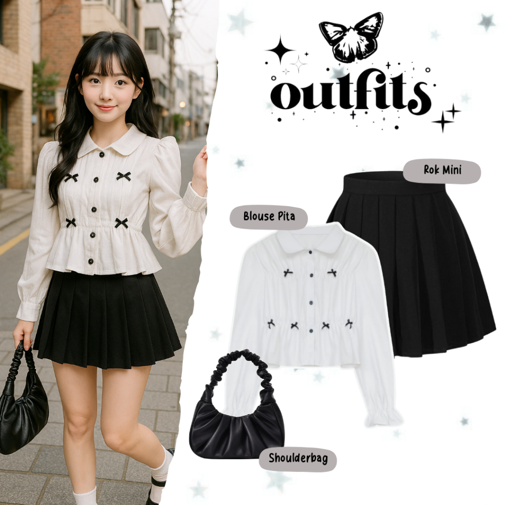 Shrnaoutfit - 3 IN 1 One Set Coquette Outfit (Ribbon Blouse + กระโปรงสั้นสีดํา + กระเป๋า) ชุดออกเดท 