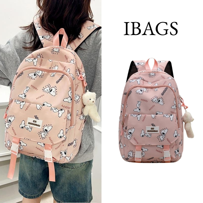 GANTUNGAN [IBAGS] กระเป๋าเป้นักเรียนสําหรับเด็ก Snoopy พร้อมตัวอักษรน่ารักและน่ารักขนาดใหญ่ที่แขวนตุ