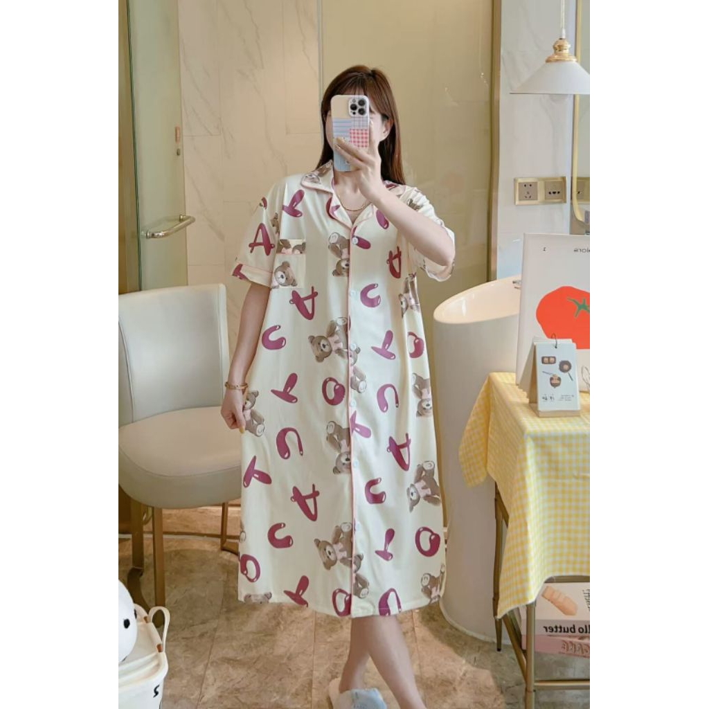 Daster Dress Pyjamas ชุดนอนเซ็กซี่สําหรับผู้หญิงพร้อมปุ่มแอคทีฟและตัวอักษรคอหมี