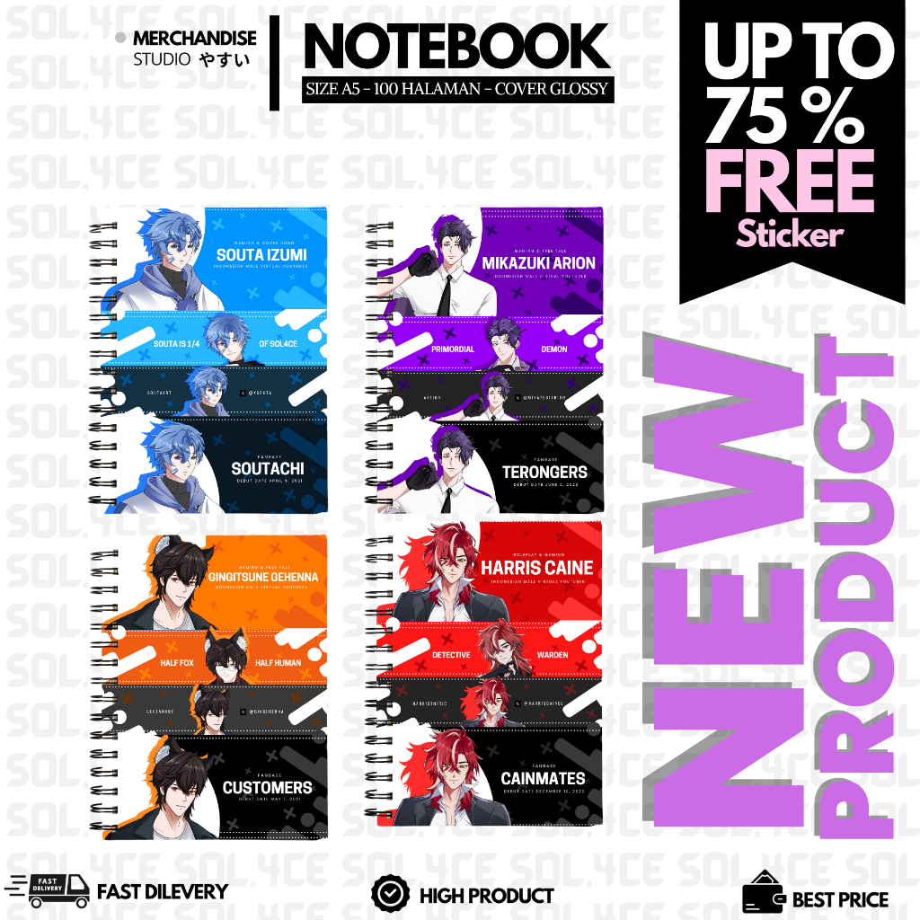 YMS3 - VTUBER SOL4CE A5 NOTEBOOK / SKETCHBOOK / 2-SIDED COVER BOOK / สมุดโน้ต 100 ชิ้น