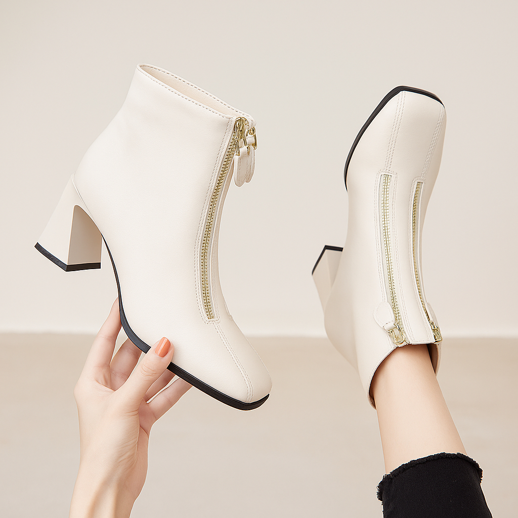 รองเท้าบูทหุ้มข้อรองเท้าส้นสูง Koma Leather Glossy Double Zipper Korean Designed Womens Work B37