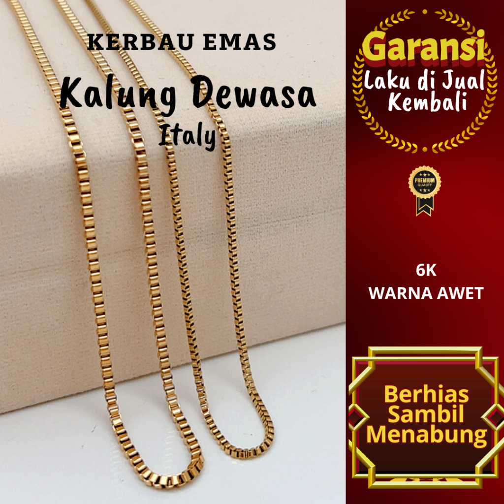 Gold Buffalo สร้อยคอผู้ใหญ่ธรรมดาอิตาลี 6K สีทนทานสีมี Anti-Allergy Ready ขนาด 44-44.5cm