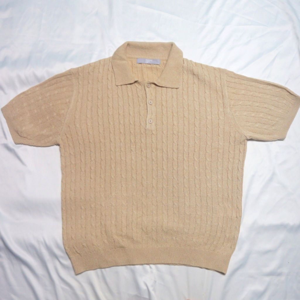 EIGHT SECONDS ครึ่งปุ่มสายถัก 8SECONDS คอสั้นครีมเสื้อถักเสื้อกันหนาว Crewneck ถักเสื้อขนสัตว์ Cakep