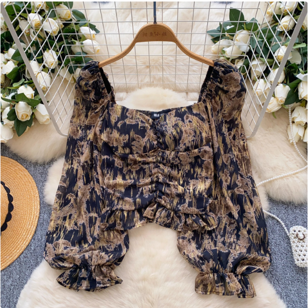 KEMEJA เสื้อคอเหลี่ยมแขนฟองชีฟองดอกไม้ผู้หญิงหวานจีบสลิมฟิตผู้หญิงฝรั่งเศสด้านบน TPG1178