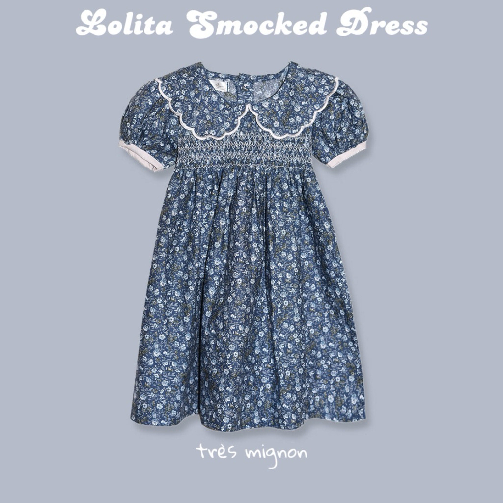 TRES MIGNON Lolita Smock Dress สําหรับเด็กสีชมพูกรมท่า – ชุดเดรสเด็กผู้หญิงลายดอกไม้หรูหราพร้อมปกปัก