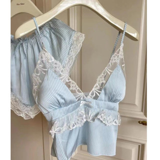 Celana pendek renda warna solid set piyama sutra es tali ikat kelas atas baru untuk wanita