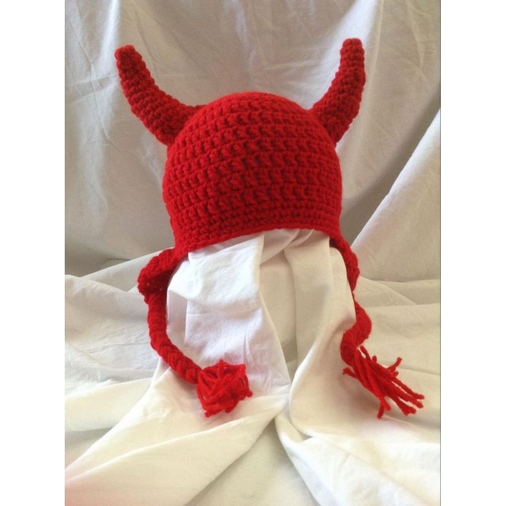 HANDMADE DEVIL BEANIE/หมวกปีศาจ/หมวกบะหมี่แดง/หมวกทรงวงรี/หมวก SETELAN DEVIL/หมวก/Y2K FASHION/Y2K BE