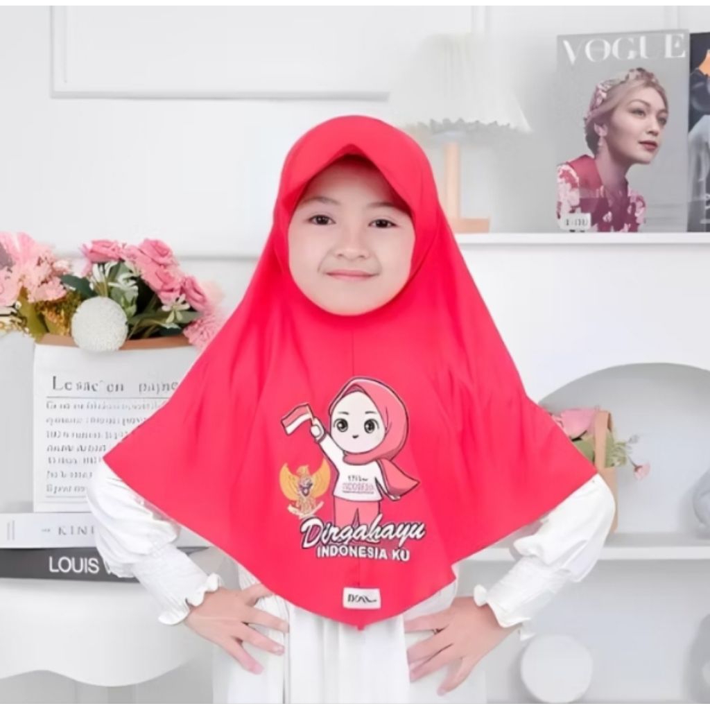 MERAH CHILDRENS HIJAB หมวกกีฬาสีแดงและสีขาวสําหรับ AUGUST INDEPENDENCE AGES 4 - 8 ปี