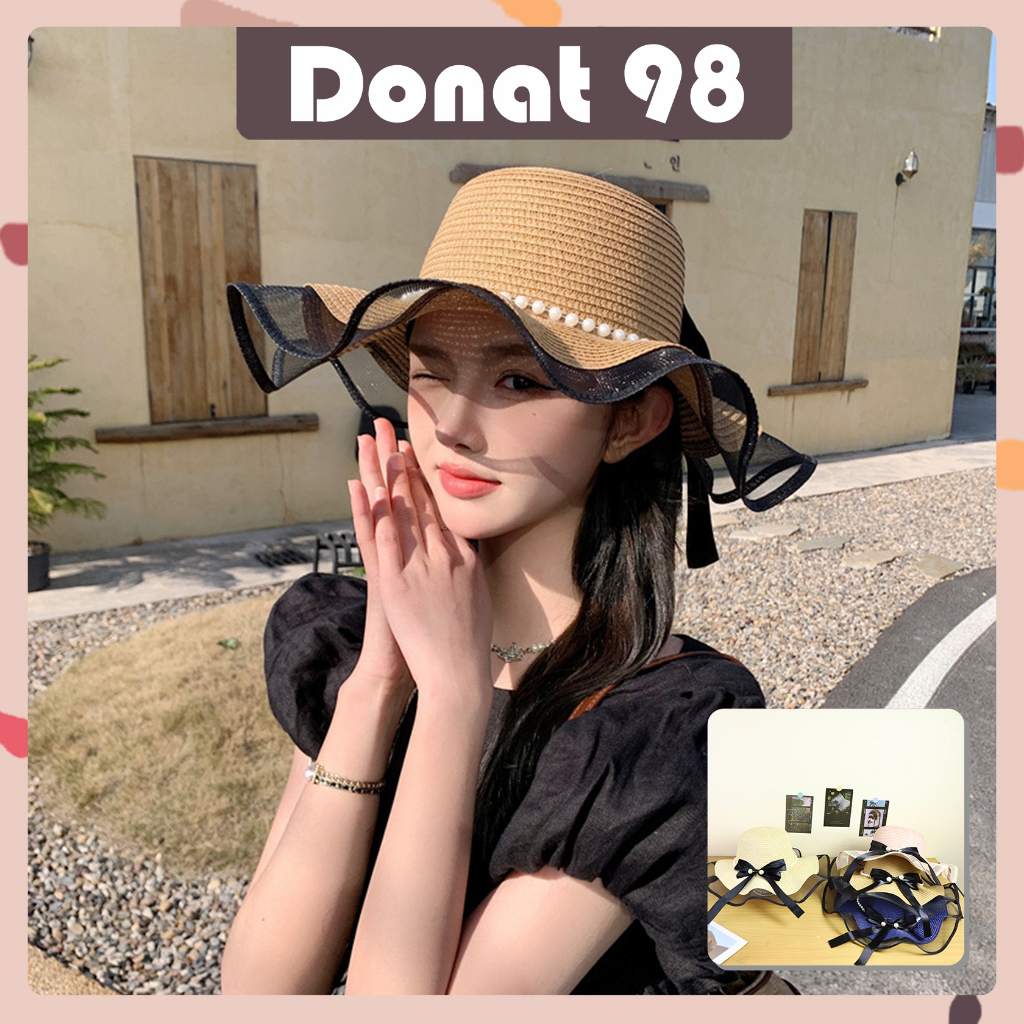 Wave Beach Hat Net Ribbon Beach Hat หมวกถักฟางแฟชั่นสตรี