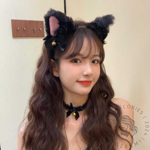 HR046 ที่คาดผมหูแมว Feather Choker Bell ลูกไม้ยางคอสเพลย์ Wibu y2k ญี่ปุ่น Waifu