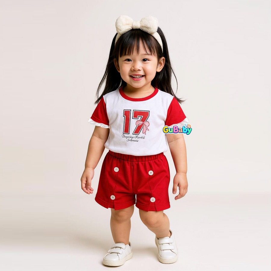 MERAH August 17th ชุดริบบิ้นสีแดงและสีขาว 0-7 ปี Gubaby เสื้อผ้าเด็กผู้หญิง