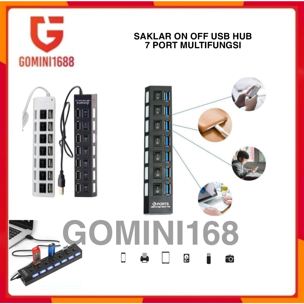การเชื่อมต่อ TOMBOL HUB On Off Switch 7 พอร์ตปุ่ม USB พร้อมไฟ LED 7 ปลั๊ก USB HUB Switch มัลติฟังก์ช