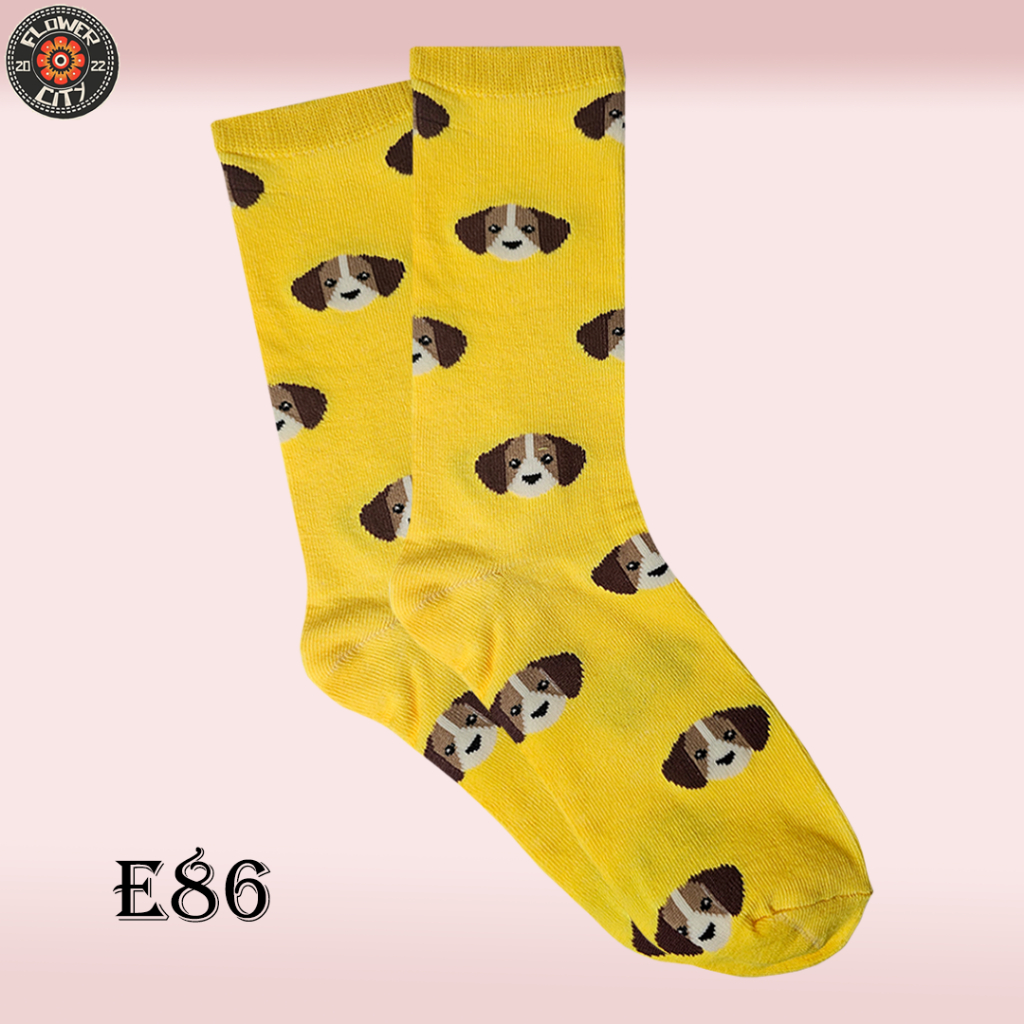 ถุงเท้าผู้หญิง - สีเหลือง Dog Motif - Flower City - E86