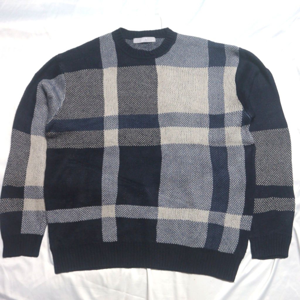 EIGHT SECONDS 8SECONDS Navy Tartan ขนาดใหญ่เสื้อถักเสื้อกันหนาว Crewneck ถักแจ็คเก็ตขนสัตว์ติดลบ