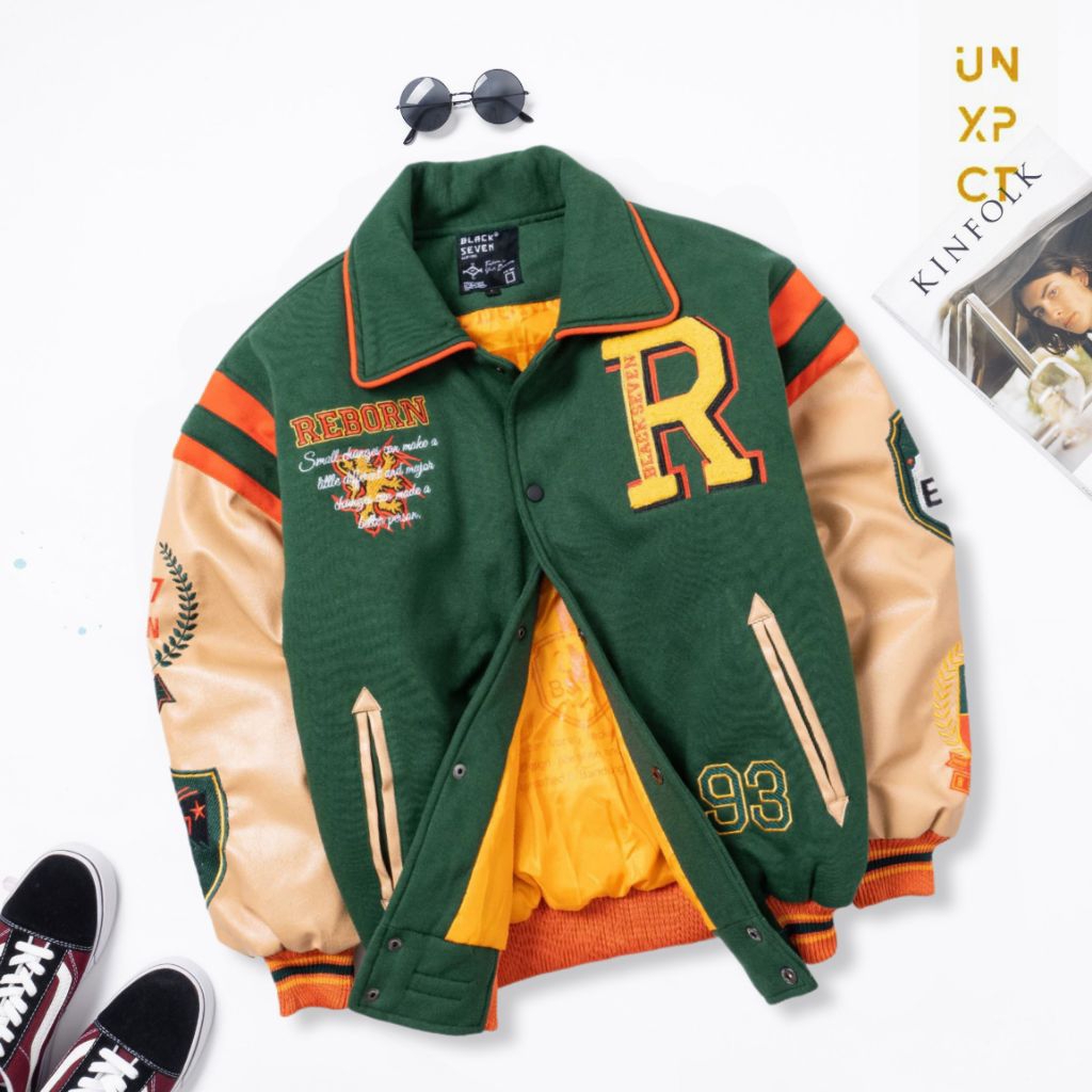 HIJAU Varsity Jacket Reborn Green Cream Blackseven | Original Synthetic Leather Full เย็บปักถักร้อย 