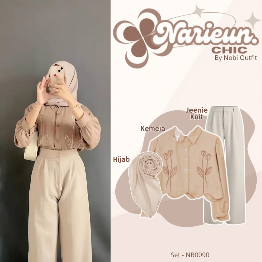 KEMEJA Nobi Outfit 3 In 1 Korean Womens Look Set Top Shirt Chic Again Viral (Hijab + Shirt + Jennie 