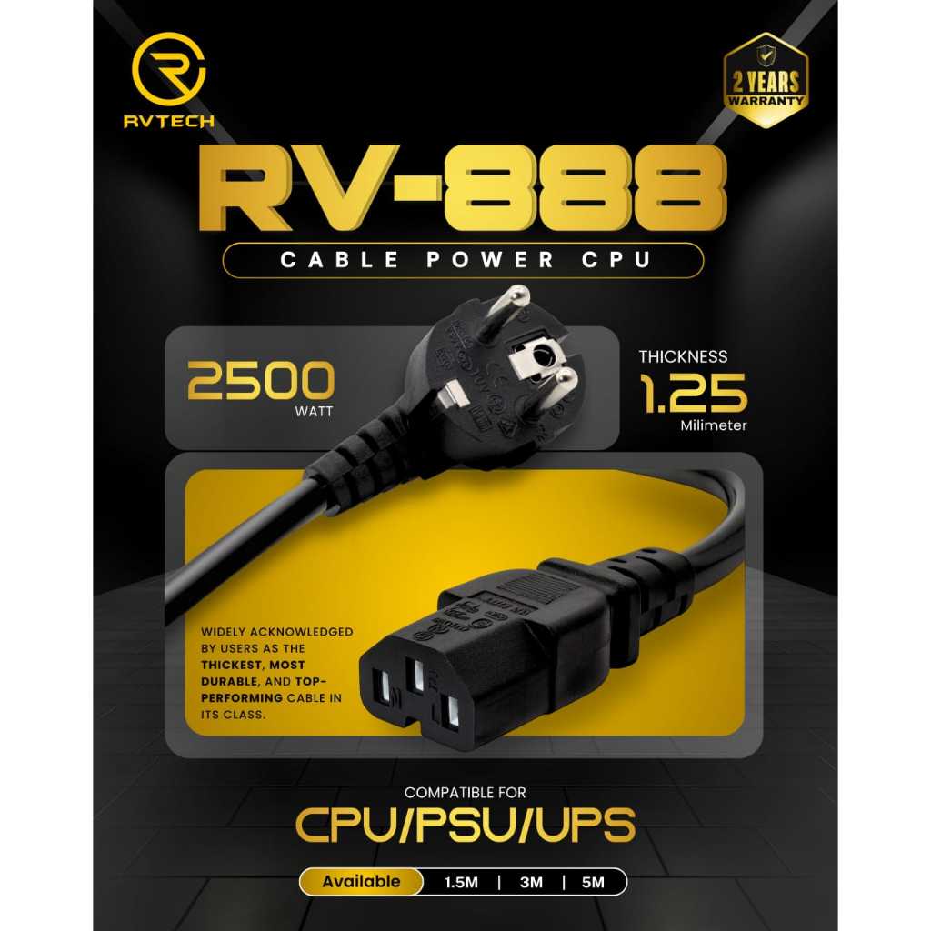 สายเคเบิล 5 ม. 5 เมตร 5 เมตร RV-888 rvtech สายไฟ C13 Connector 3 ขั้ว CPU PC คอมพิวเตอร์ UPS