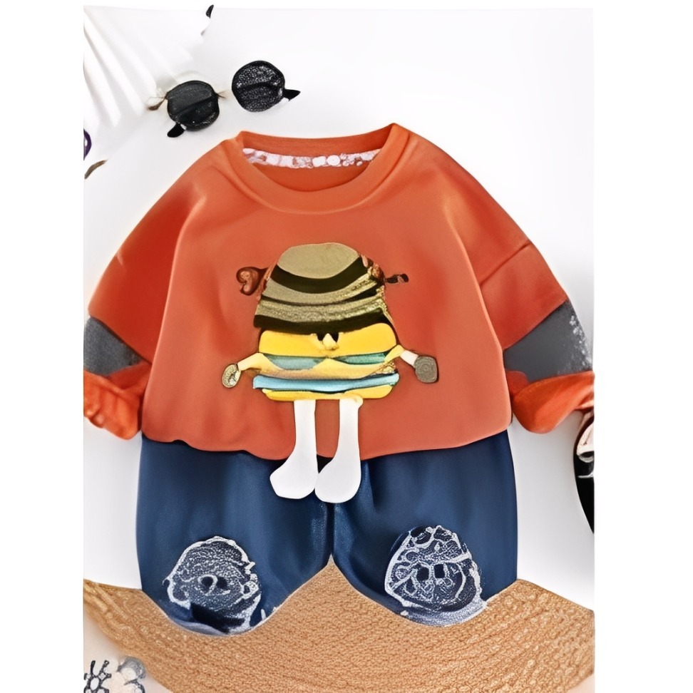 ชุดเสื้อ&ยีนส์เด็กผู้ชาย อายุ 1-4 ปี | Oneset Model Long Sleeve Sweater Shirt with 3d Burger Charact